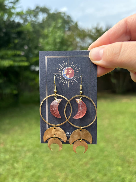 Strawberry Quartz Moon Brass Earrings