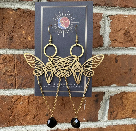 Black Obsidian Brass Moth Earrings