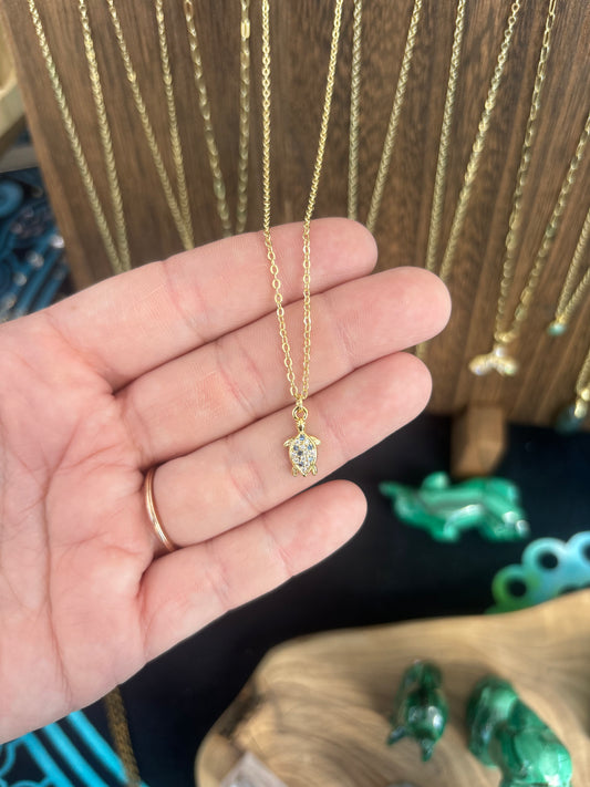 Dainty Cubic Zirconia Turtle 14K GF Necklace