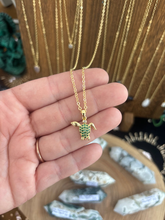 Green Cubic Zirconia Sea Turtle 14K GF Necklace