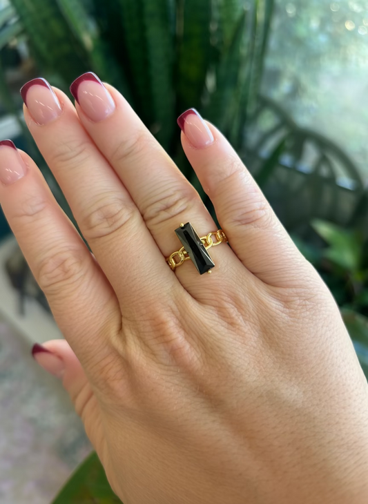 Black Baguette Cubic Zirconia Gold Filled Adjustable Ring