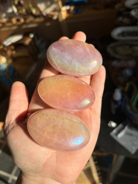 Aura Coated Rose Quartz Palm Stone