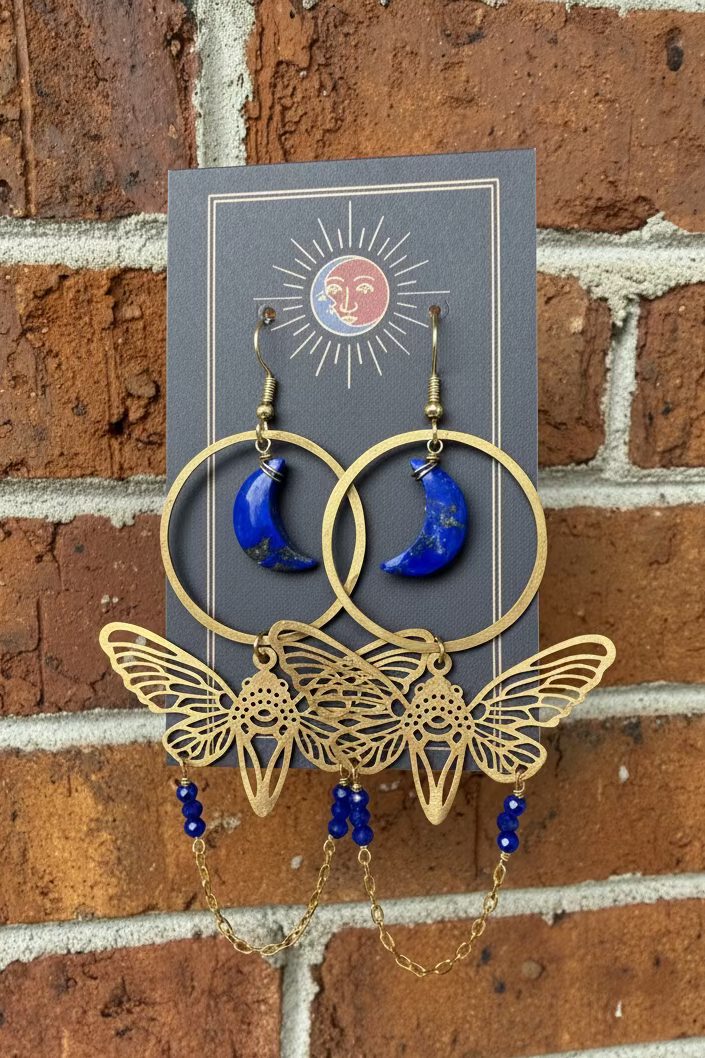 Lapis Lazuli Brass Moon/Moth Earrings