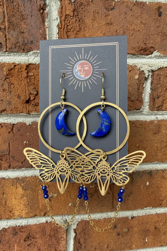 Lapis Lazuli Brass Moon/Moth Earrings