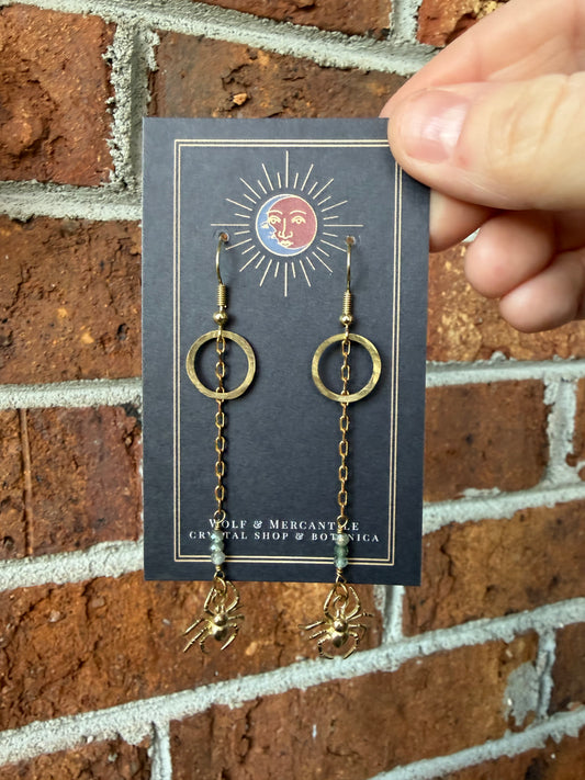 Green Strawberry Quartz Brass Spider Earrings