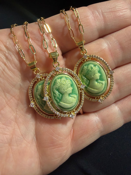 Green Agate Cameo GF Necklace