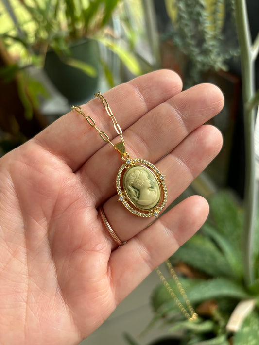 Green Agate Cameo Necklace