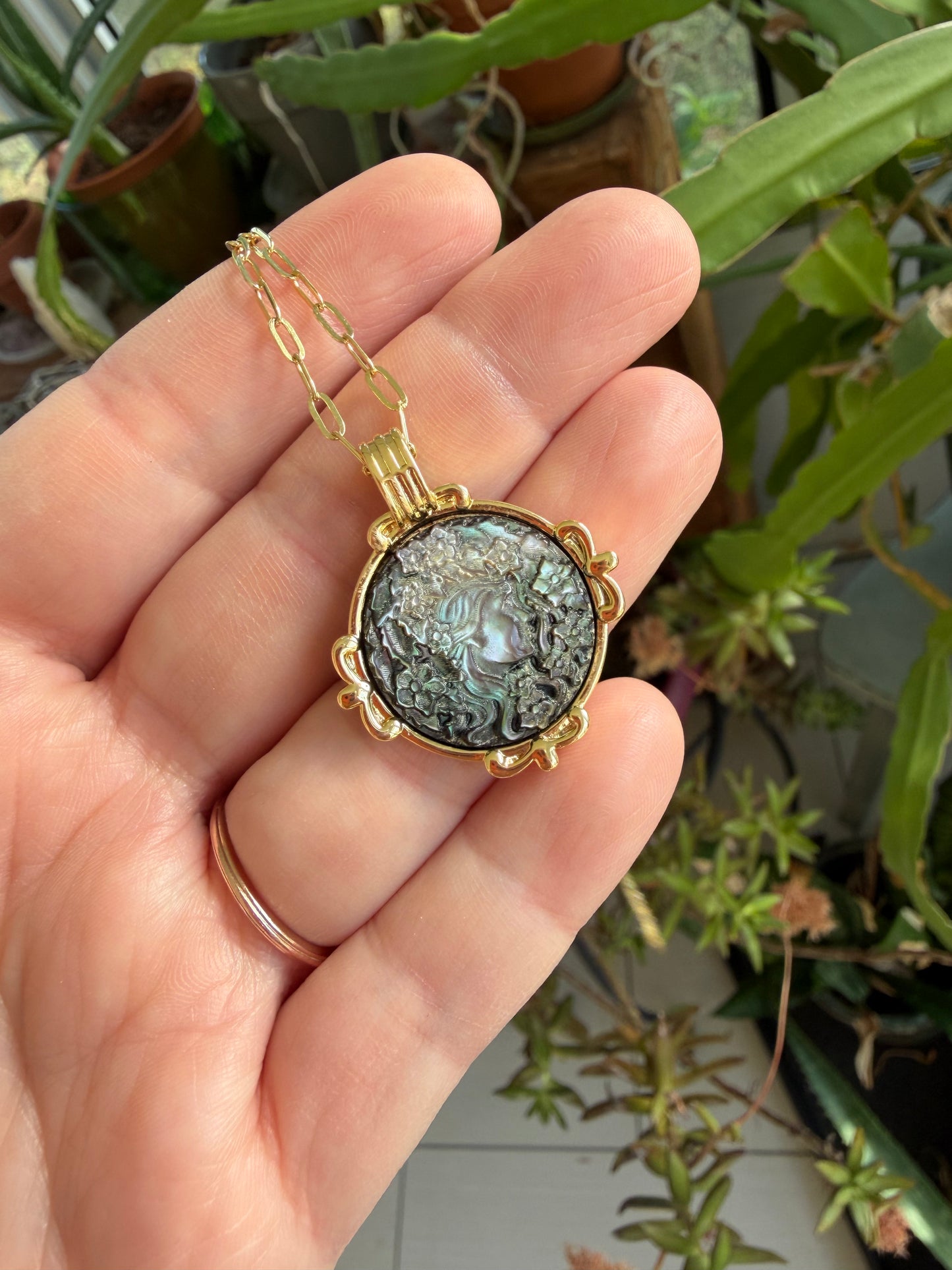 Abalone Carved Cameo 14k GF Necklace
