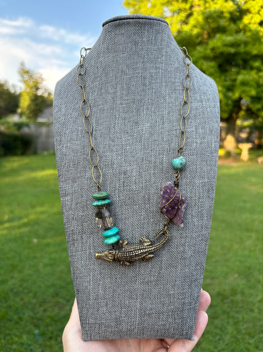 Amethyst/Turquoise/Smokey Quartz with Brass Alligator Necklace