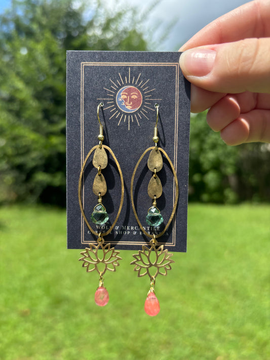 Cherry Quartz // Green Amethyst Lotus Brass Earrings