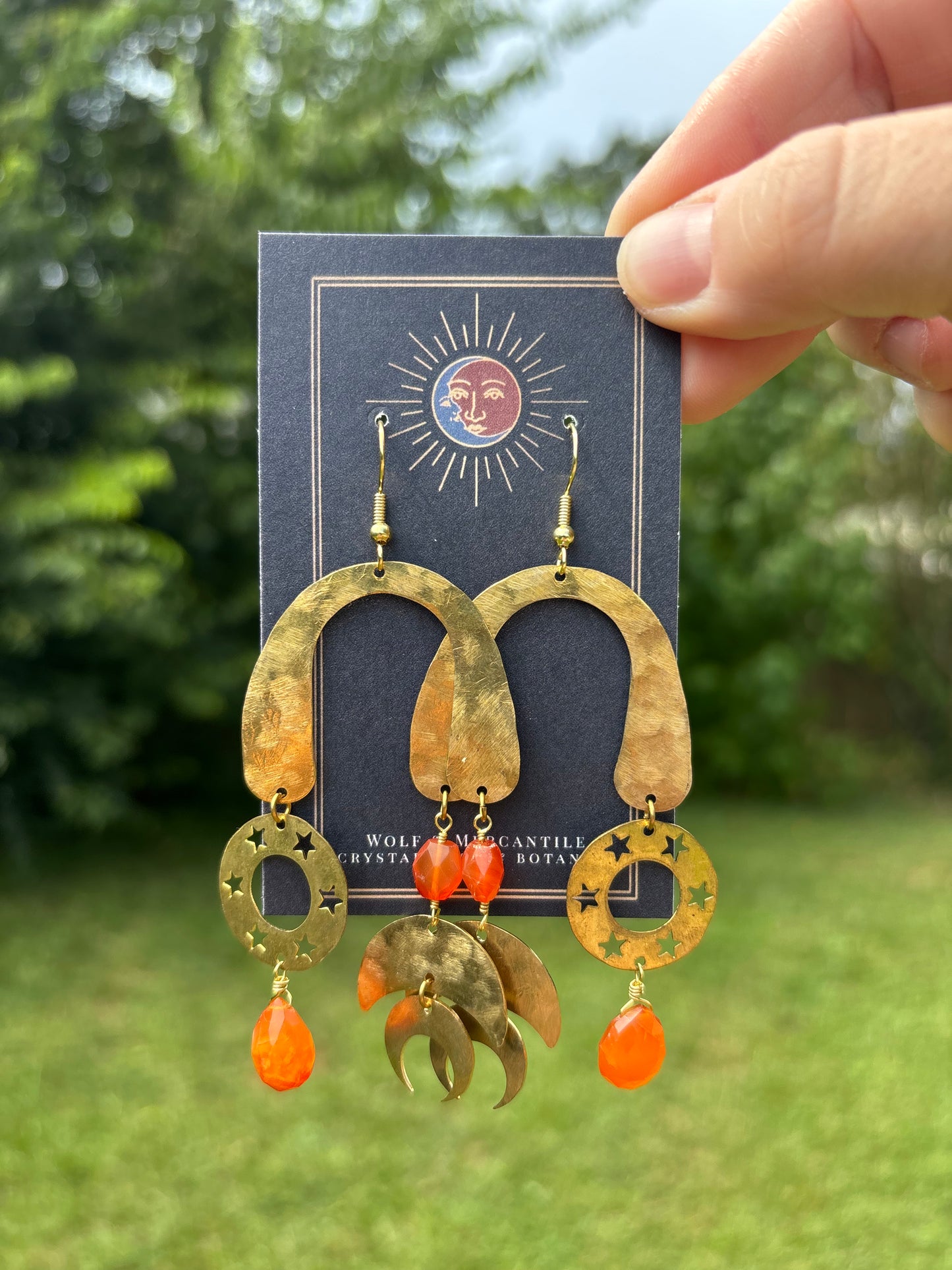 Carnelian Stars & Moon Brass Earrings