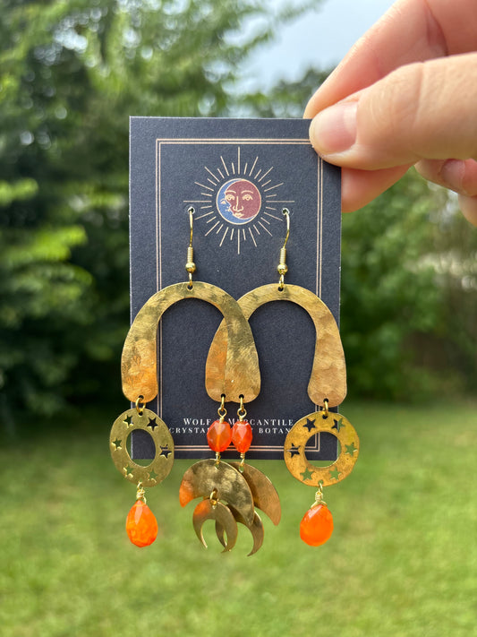 Carnelian Stars & Moon Brass Earrings