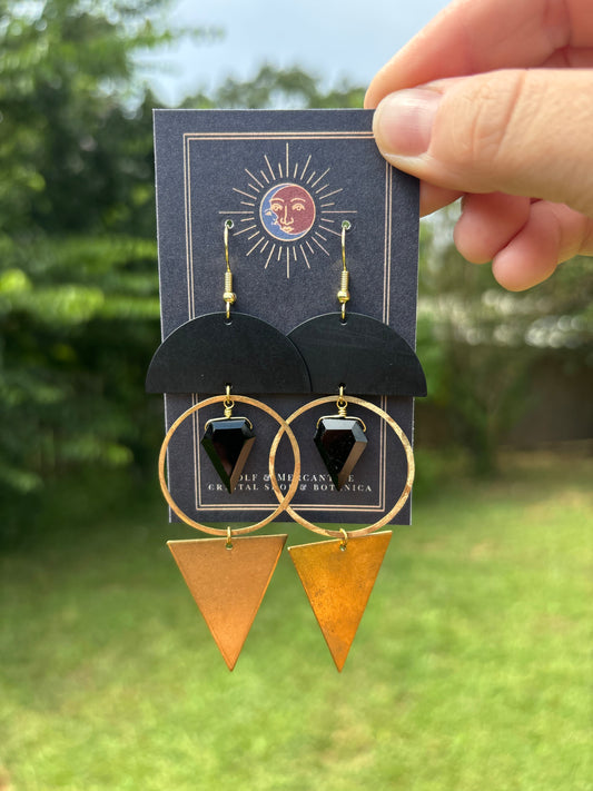 Black Tourmaline Brass Statement Earrings