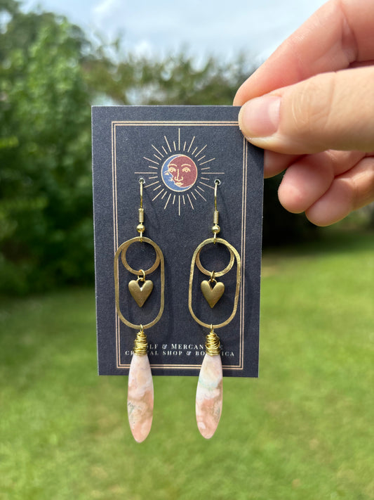 Cherry Blossom Flower Agate Brass Heart Earrings